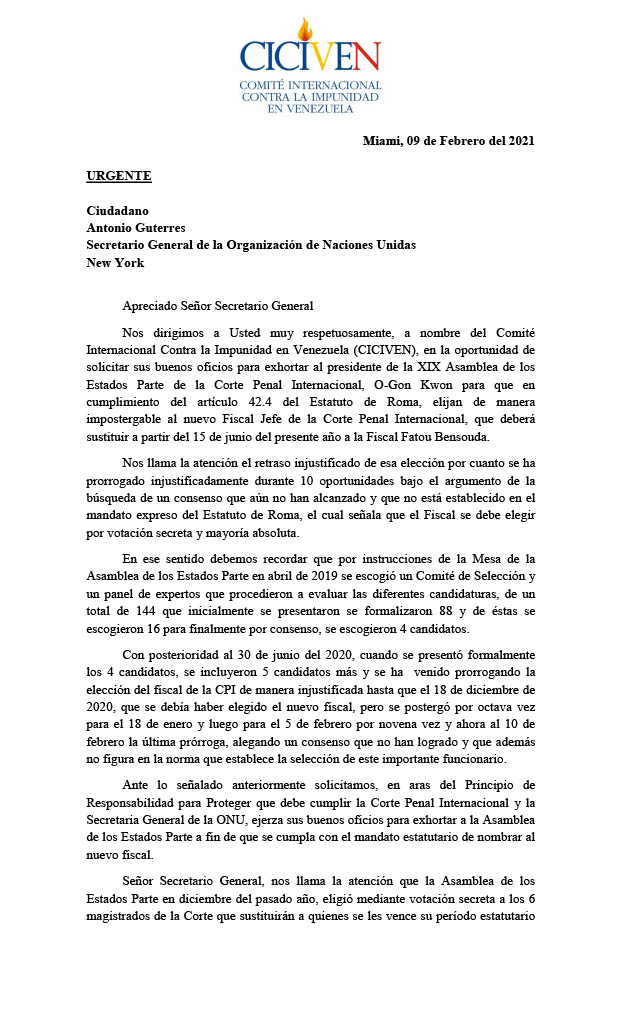 Carta al Secretario General de Naciones Unidas