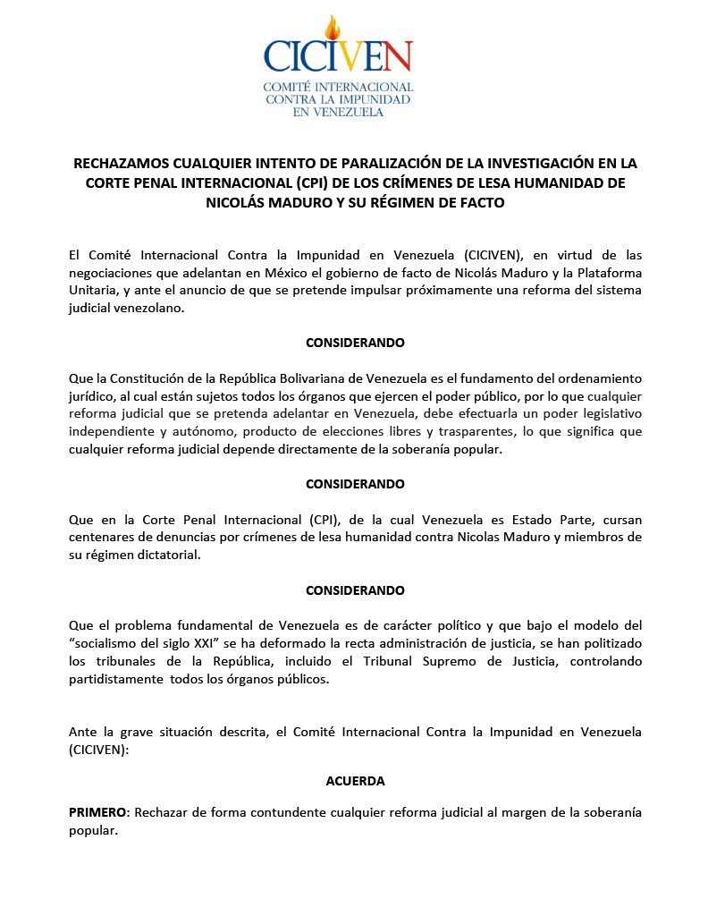 CICIVEN fija posición ante las negociaciones de México entre el gobierno de facto y la Plataforma Unitaria