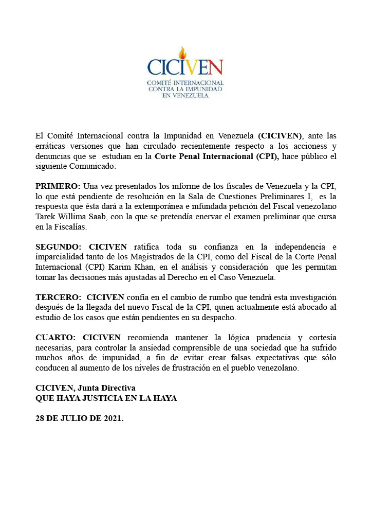 Comunicado de CICIVEN sobre la Corte Penal Internacional