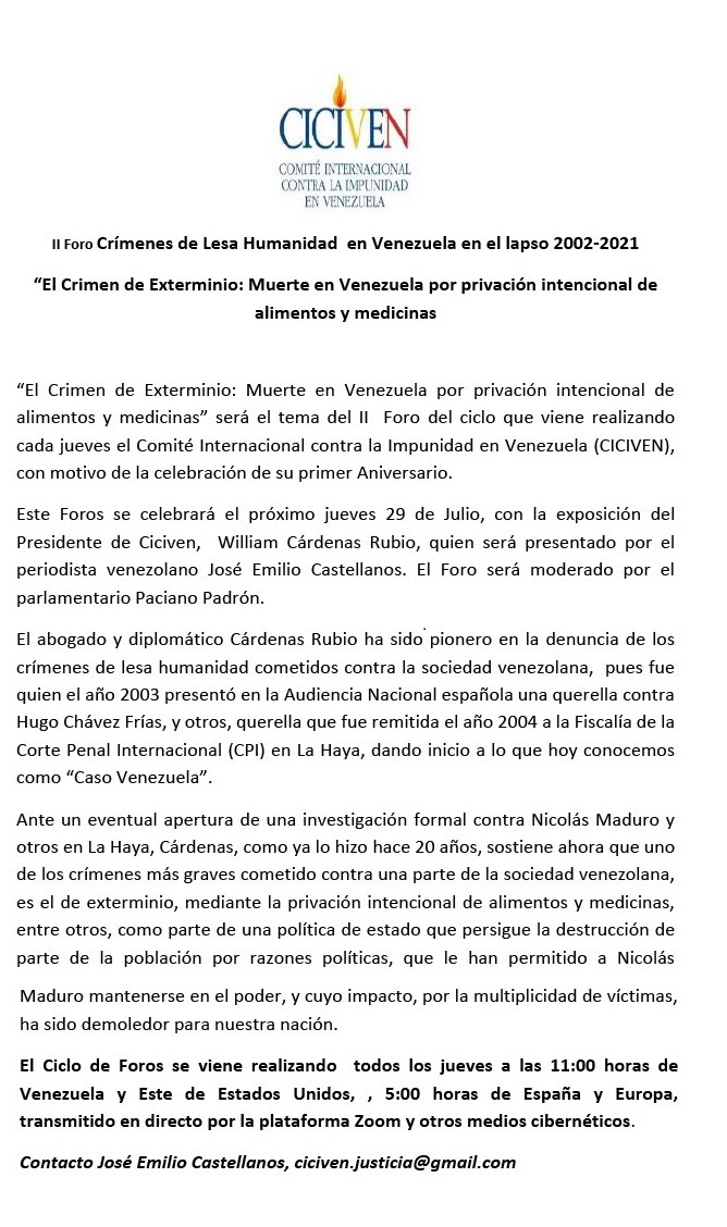 El crimen de exterminio: muerte en Venezuela por privación intencional de alimentos y medicinas