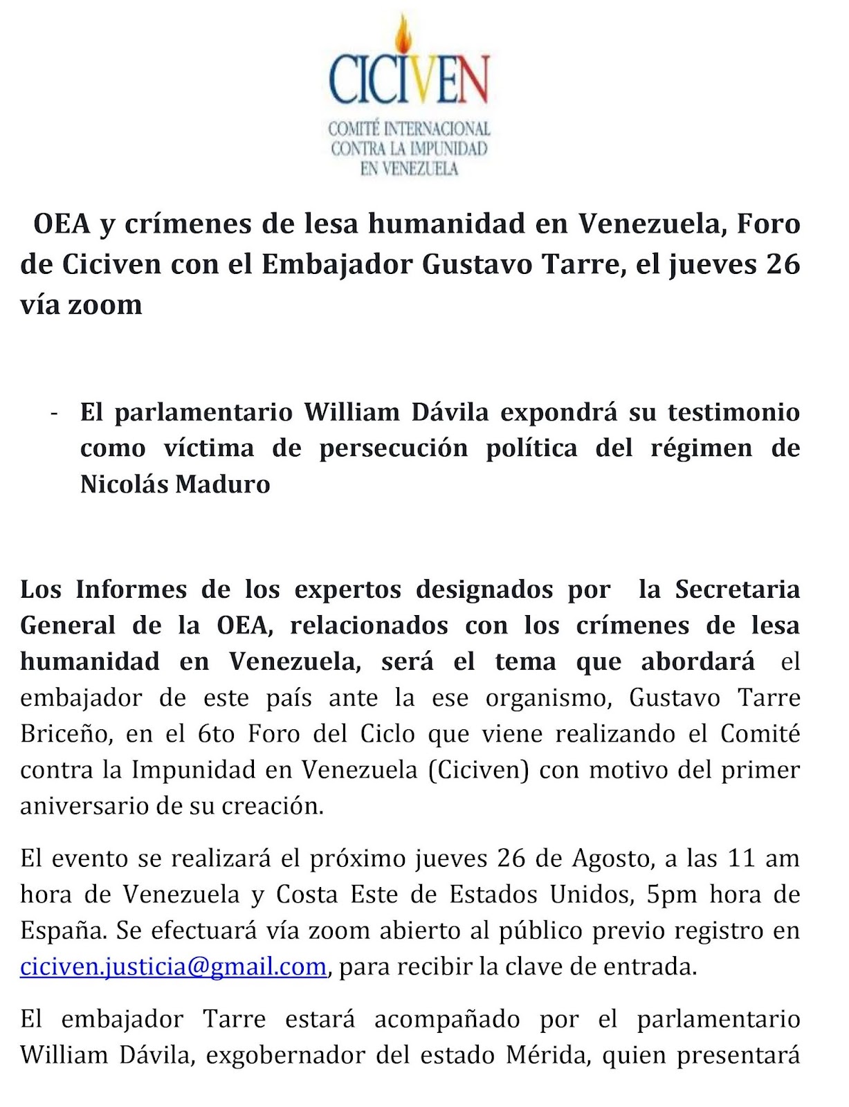 La OEA y los crímenes de lesa humanidad en Venezuela, foro con el embajador Gustavo Tarre
