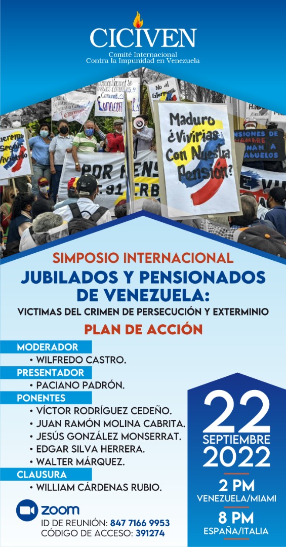 Ciciven convoca un simposio internacional de jubilados y pensionados de Venezuela, víctimas del crimen de persecución y exterminio